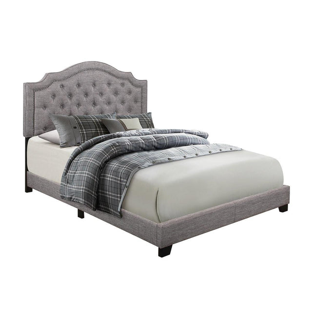 Side view of Sandy Gray Tufted Fabric Full Bed