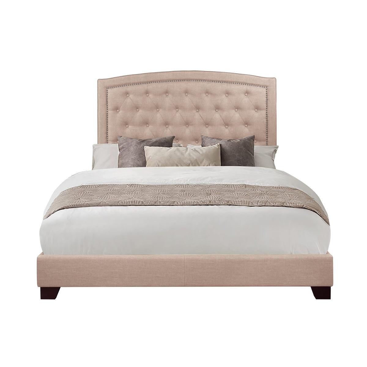 Linda Beige Full Upholstered Bed angled view showing tufted headboard