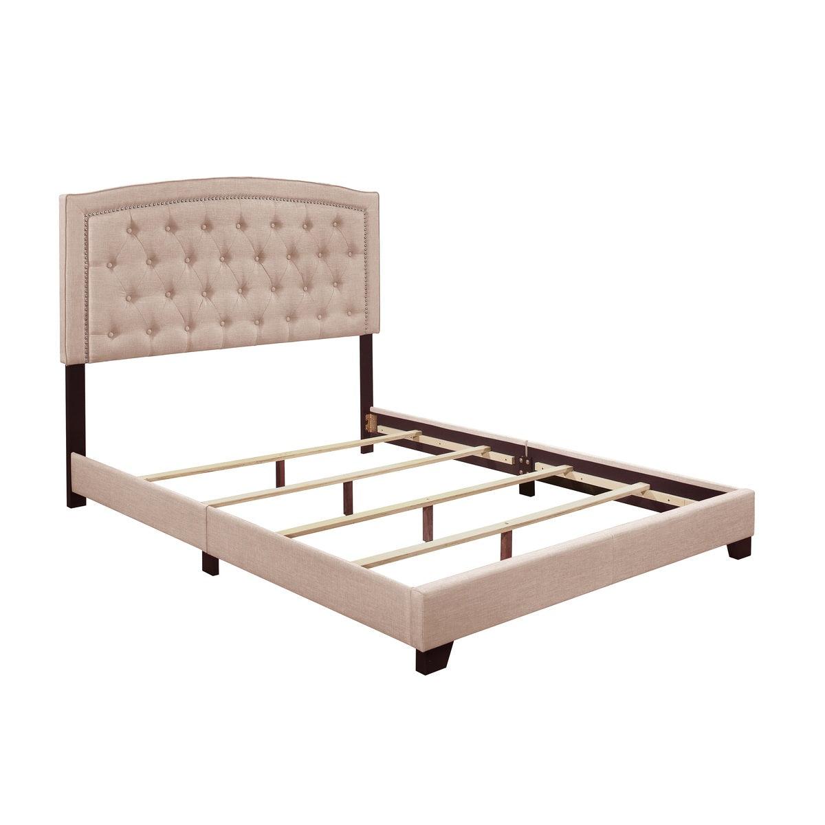 Linda Beige Full Upholstered Bed close-up of tufted fabric headboard