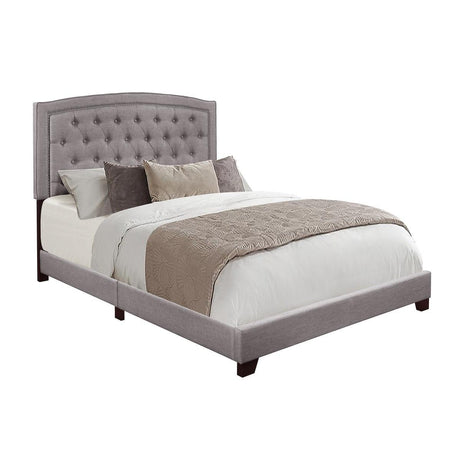 Side angle of Linda Grey Fabric Tufted Queen Bed showing frame details