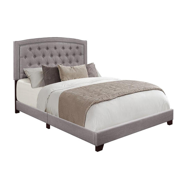 Side angle of Linda Grey Fabric Tufted Queen Bed showing frame details
