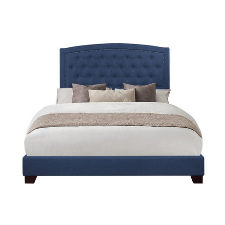 Linda Blue King Upholstered Bed, perspective view showing tufted headboard