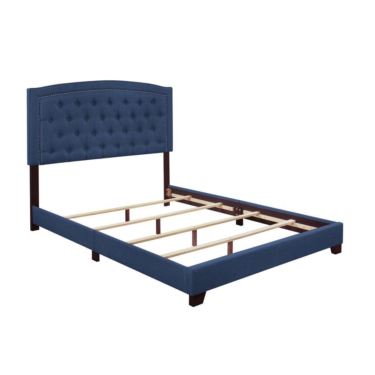 Side angle of Linda Blue King Upholstered Bed showing solid and engineered wood frame