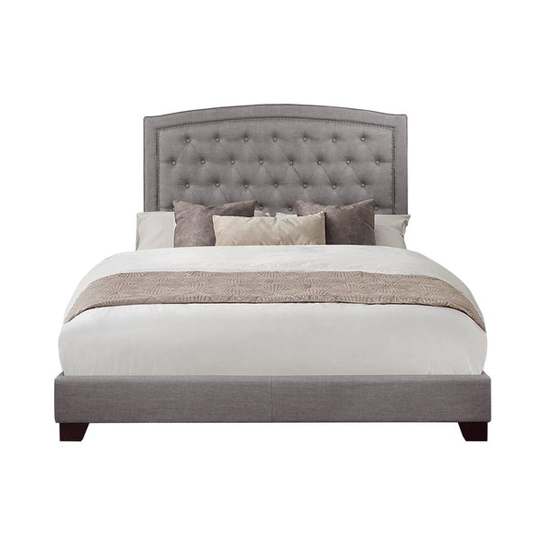 Linda Grey king upholstered bed front view showing tufted headboard