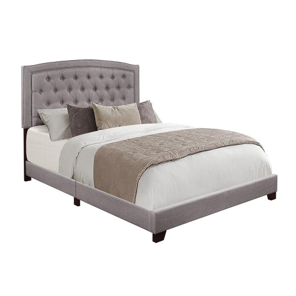 Side angle of Linda Grey king bed with rolled sides and grey fabric