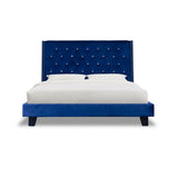 Side angle of Ivy Blue Velvet Tufted Queen Platform Bed showing drawers