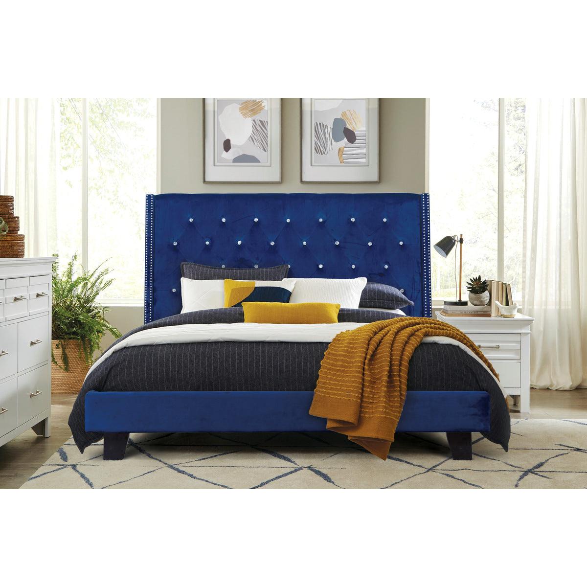 Ivy Blue Velvet Tufted Queen Platform Bed front view