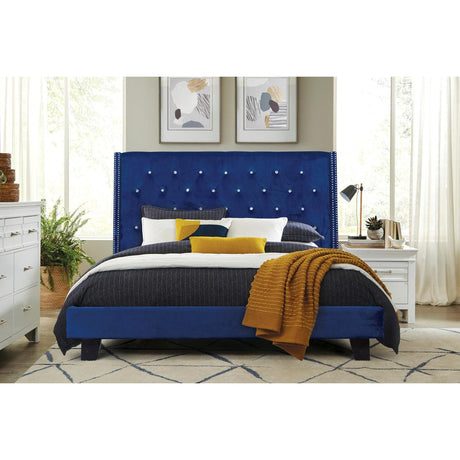 Ivy Blue Velvet Tufted Queen Platform Bed front view
