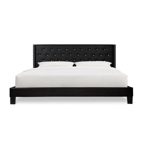 Ivy Black Velvet Faux Leather Tufted King Platform Bed front view
