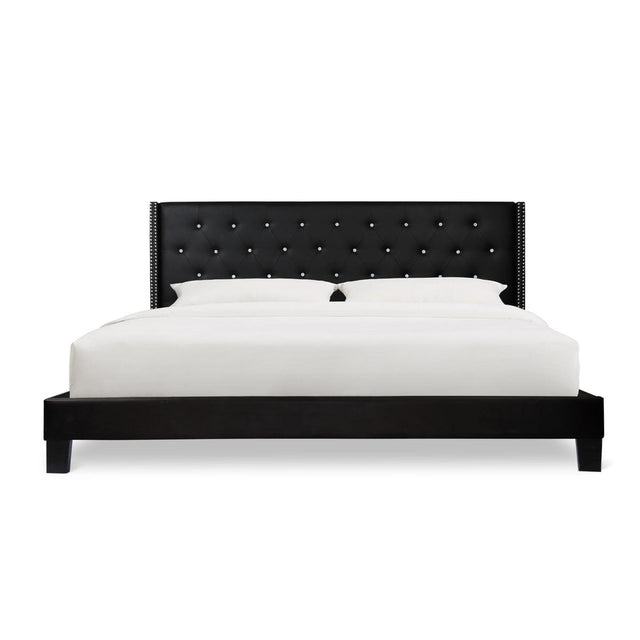 Ivy Black Velvet Faux Leather Tufted King Platform Bed front view