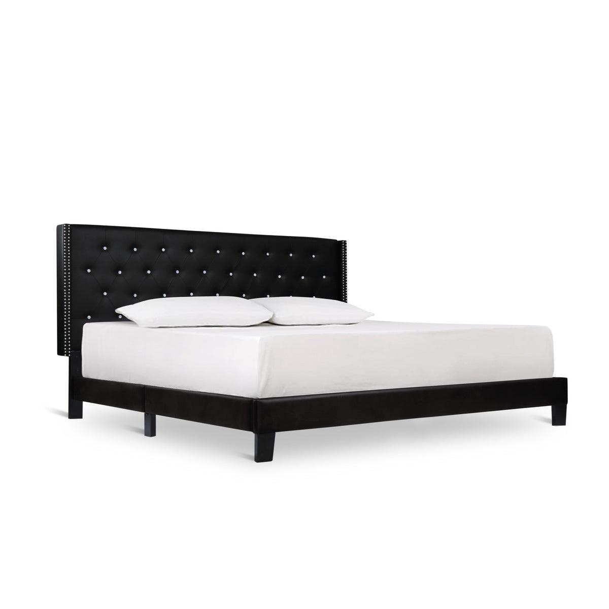 Ivy Black Velvet Faux Leather Tufted King Platform Bed side angle