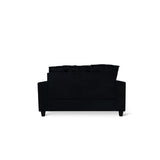 Black velvet loveseat with two pillows, back view