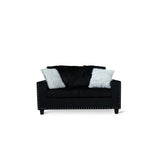 Black velvet loveseat with two pillows, front view