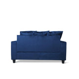 Blue velvet loveseat back view showing design and fabric