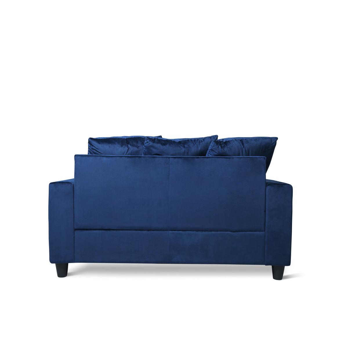 Blue velvet loveseat back view showing design and fabric