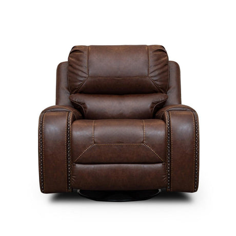 Brown microfiber swivel glider reclining chair front view