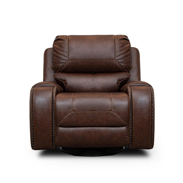 Brown microfiber swivel glider reclining chair front view