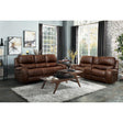 close-up detail of brown faux leather upholstery and wooden frame