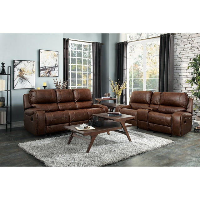 close-up detail of brown faux leather upholstery and wooden frame