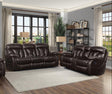 side angle of Claire Brown brown faux leather power reclining loveseat