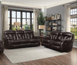 side angle of Claire Brown brown faux leather power reclining loveseat