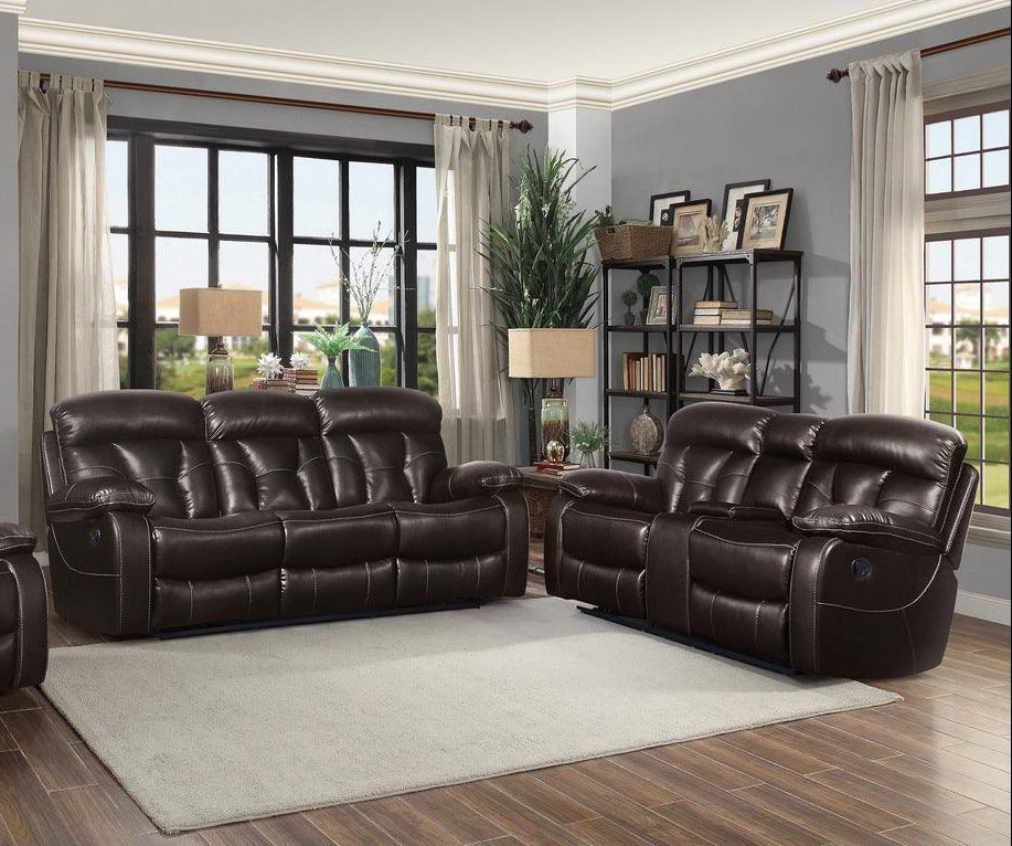 side angle of Claire Brown brown faux leather power reclining loveseat