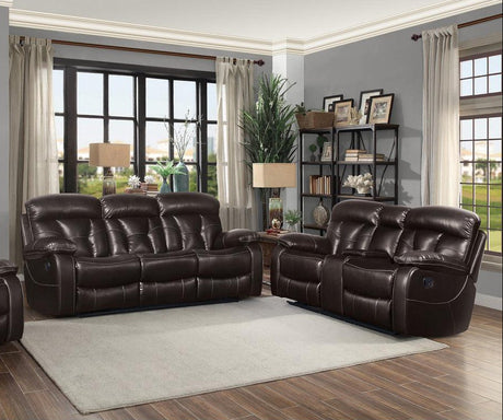 side angle of Claire Brown brown faux leather power reclining loveseat