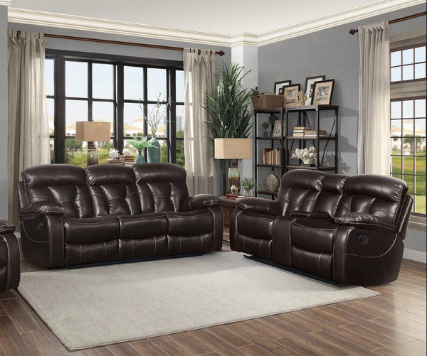 side angle of Claire Brown brown faux leather power reclining loveseat