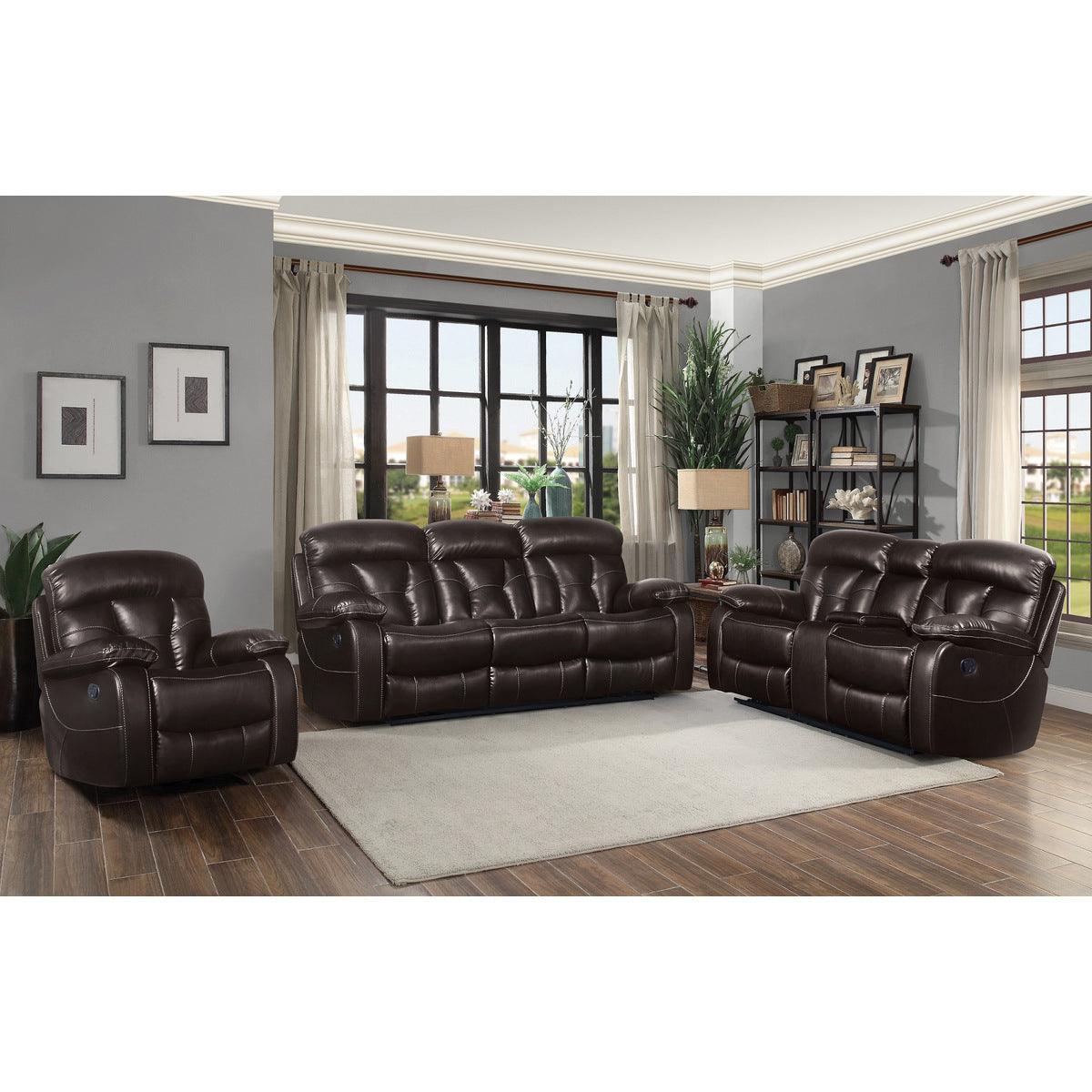 Front view of Claire Brown brown faux leather power reclining sofa, loveseat, and chair set