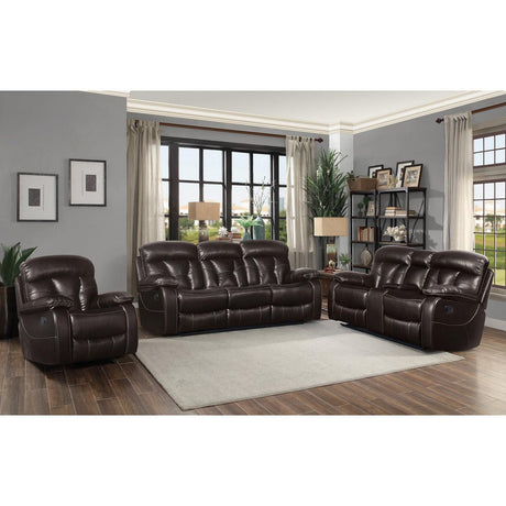 Front view of Claire Brown brown faux leather power reclining sofa, loveseat, and chair set