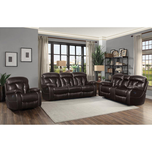 Black polished microfiber power reclining sofa and loveseat set with storage compartments - side view