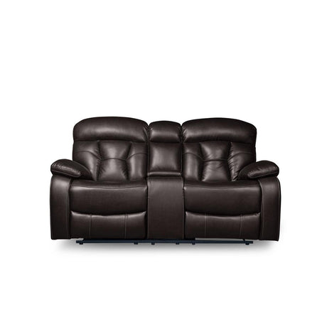 Claire Brown brown faux leather double reclining loveseat front view with console