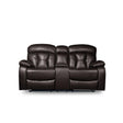 Claire Brown close-up of brown faux leather power reclining loveseat with center console