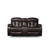 Claire Brown close-up of brown faux leather power reclining loveseat with center console