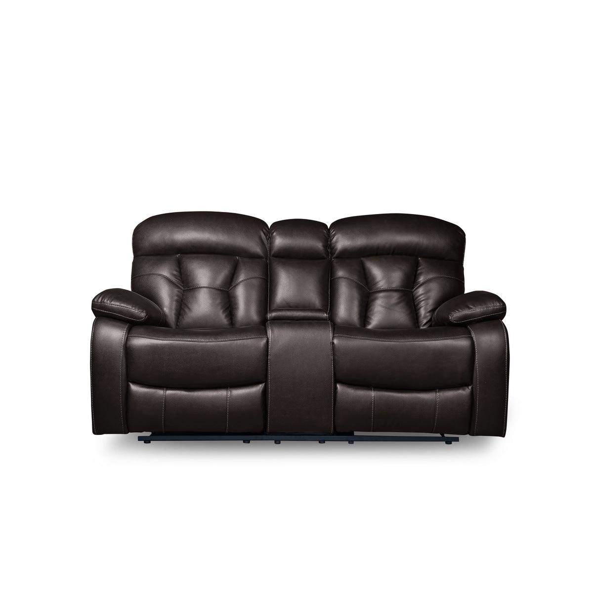 Claire Brown close-up of brown faux leather power reclining loveseat with center console