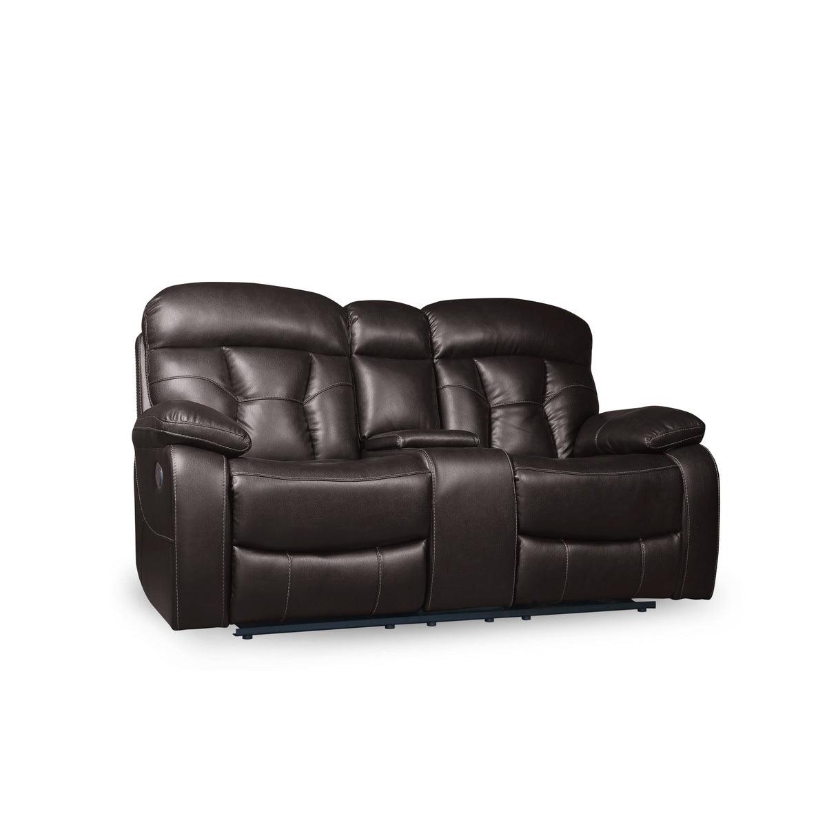 Claire Brown brown faux leather double reclining loveseat side view showing recliner