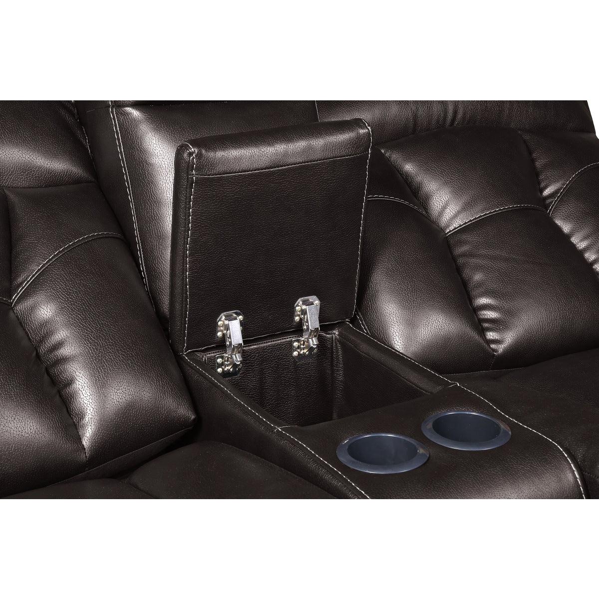 Claire Brown brown faux leather double reclining loveseat solid wood frame detail