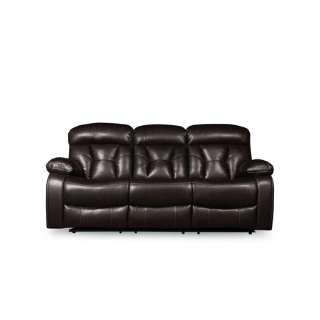 Claire Brown double reclining sofa front view showing brown faux leather upholstery and cup holders
