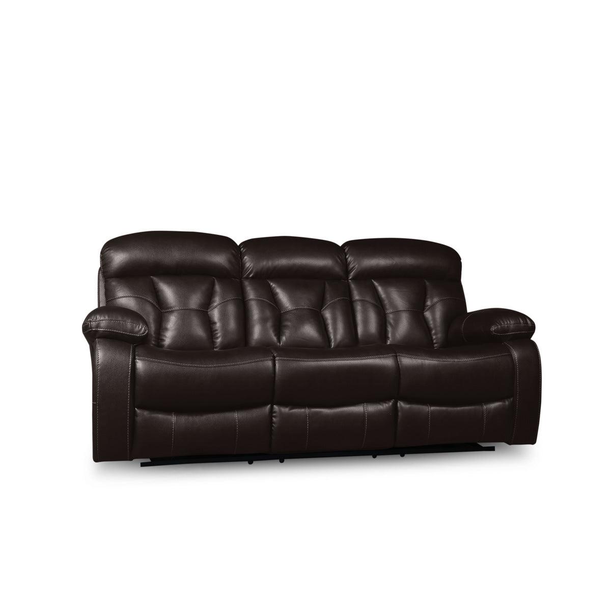 Side angle of Claire Brown faux leather double reclining sofa with cup holders