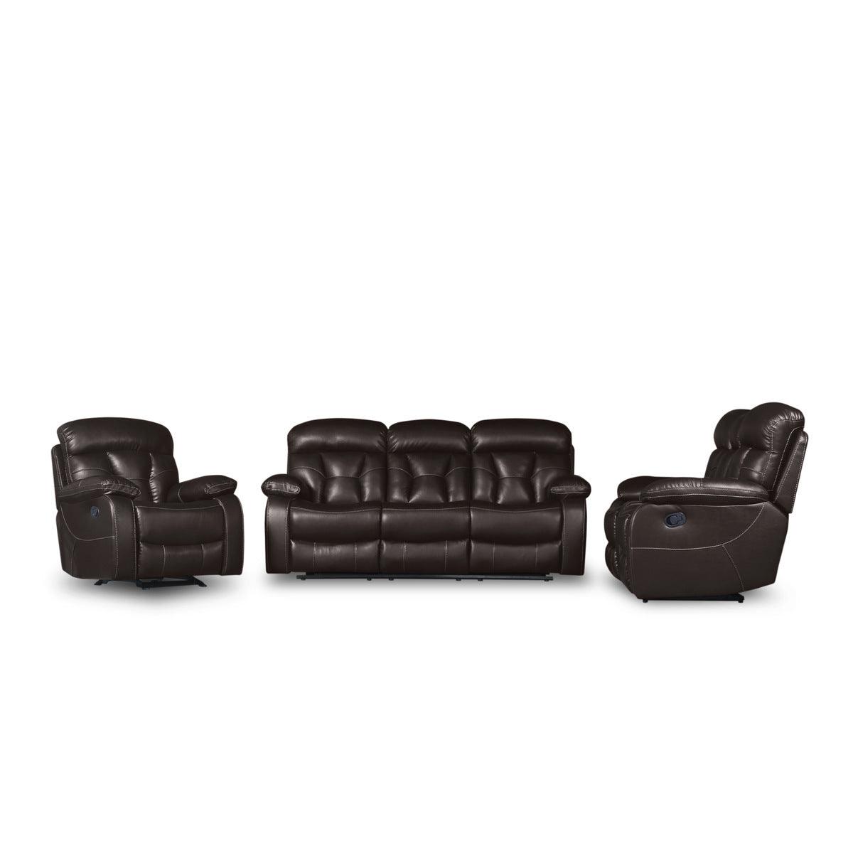 Claire Brown brown faux leather double reclining loveseat top view showing console