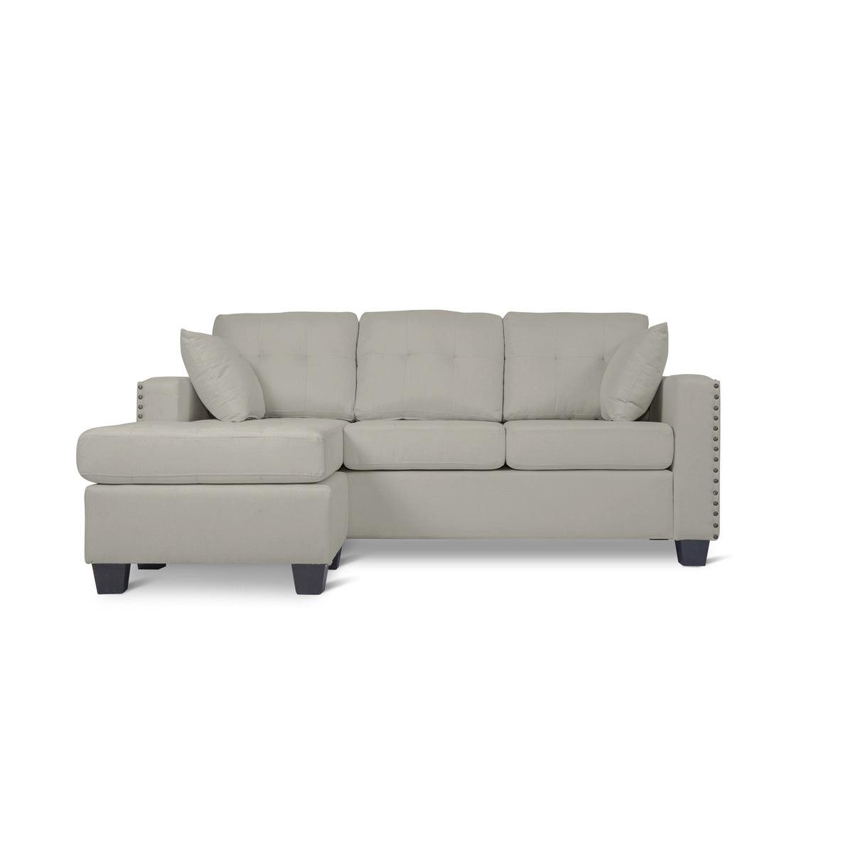 Side view of Scott Gray reversible sofa chaise in gray fabric