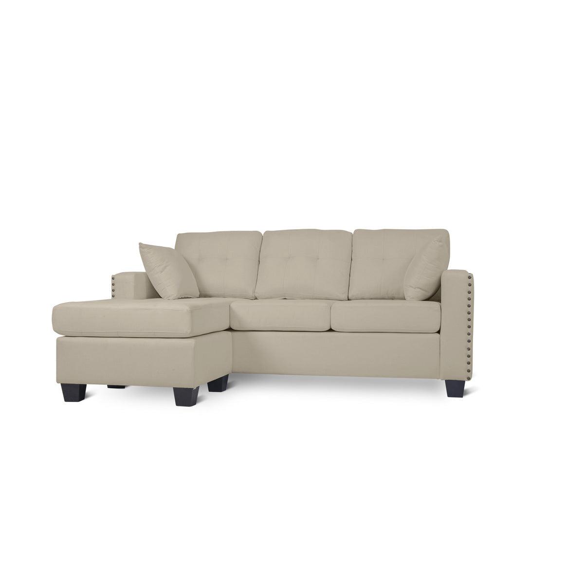 Close-up of beige fabric upholstery on Scott Sofa Chaise