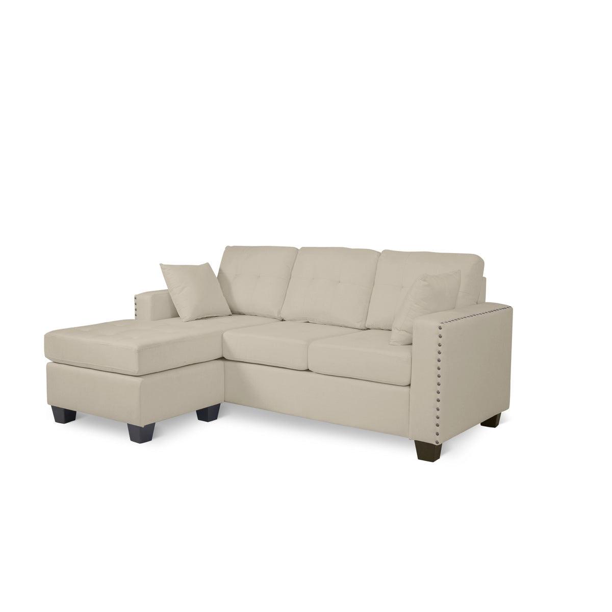 Side angle of Scott Beige reversible chaise sofa