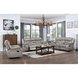 Beige microfiber upholstered reclining sofa, loveseat, and chair set in modern living room angle