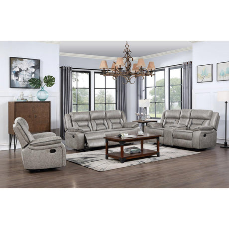 Silver faux leather glider chair with swivel and manual recline