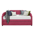 Pink fabric upholstered youth daybed with trundle, front angle