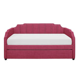 Pink youth daybed side view showing fabric upholstery and metal frame