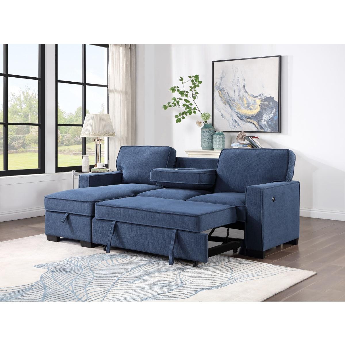 blue fabric sectional sofa detail close-up