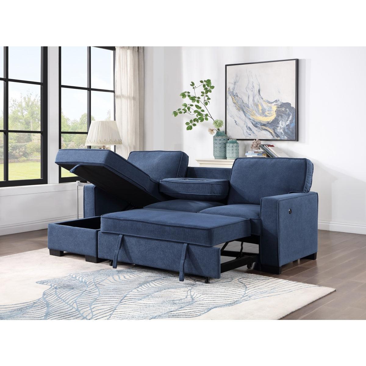 blue fabric sectional sofa room setting