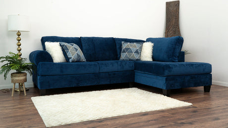 Front view of Selena Navy 124" Sectional sofa in living room setting